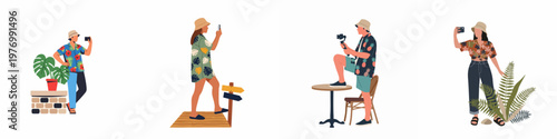 Vector illustration set of tourists and content creators in tropical outfits taking photos and videos with smartphones and cameras on vacation.