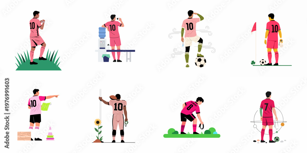 Fototapeta premium Collection of diverse soccer players and coaches in pink uniforms performing various activities on the field, flat vector illustration.