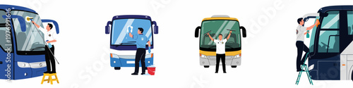 Set of four illustrations showing professional workers cleaning and washing bus windshields using various tools like squeegees, ladders, and cleaning sprays.