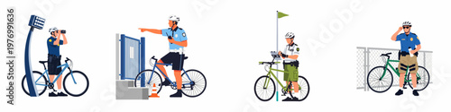 Vector illustration set of bicycle police officers performing various duties like patrolling, surveillance, and directing traffic in an urban environment.