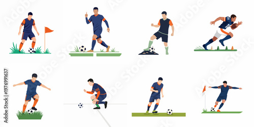 Collection of flat vector illustrations featuring soccer and American football players in dynamic action poses on the field.