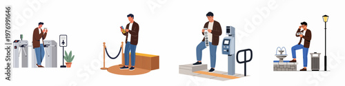Set of flat illustrations showing a young man using various ticket systems, turnstiles, and entry points in urban and public settings.