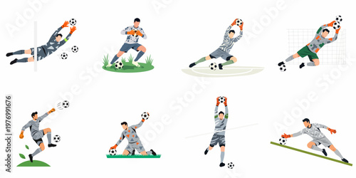 Set of vector illustrations showing a professional soccer goalkeeper in various action poses, including diving, catching, and blocking the ball.
