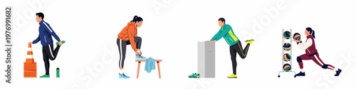 Flat illustration set of diverse people doing sports warm-ups, stretching, and preparing for exercise training.