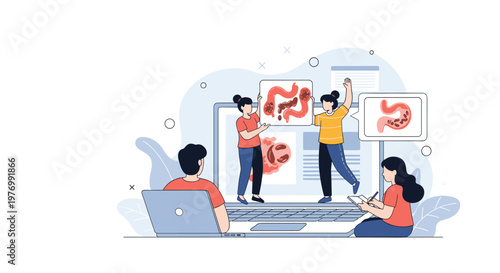 Students use a large laptop to study the human digestive system and anatomy in a modern digital learning environment.