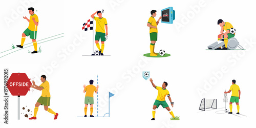 Set of flat vector illustrations featuring a soccer player facing frustrations with rules, VAR reviews, and offside decisions on a white background.