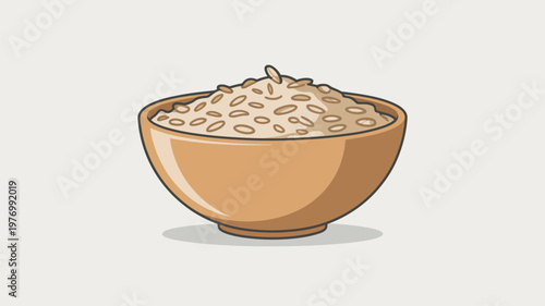 A cartoon illustration of a brown bowl filled with oatmeal and seeds on a plain background