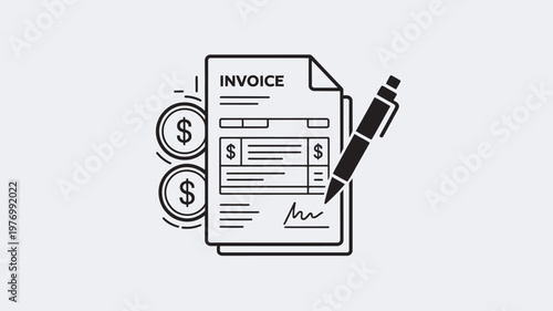 A black and white illustration of an invoice with a pen and coins, representing financial transactions and accounting.