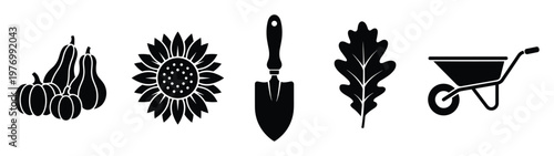 Collection of autumn harvest and gardening tools including pumpkins, a sunflower, shovel, oak leaf, and wheelbarrow for seasonal projects