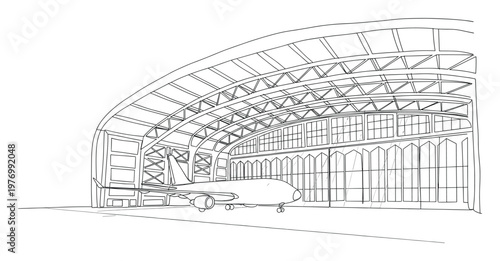 Airplane inside a large aircraft hangar with arched truss roof and multiple windows provides a clear line drawing for aviation industry blueprints or technical manuals