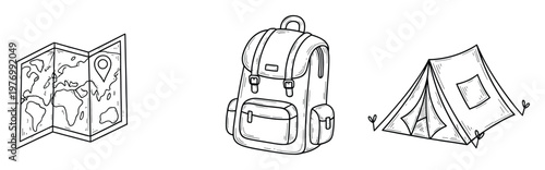 Detailed hand drawn map backpack and tent icons for outdoor adventure exploration and travel planning suitable for blogs guides and promotional materials