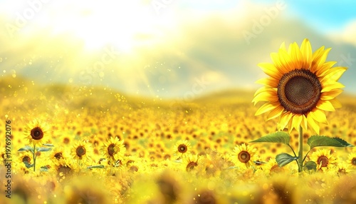 Vibrant Summer Landscape Majestic Sunflowers Flourishing Under Bright Blue Sky in Golden Field
