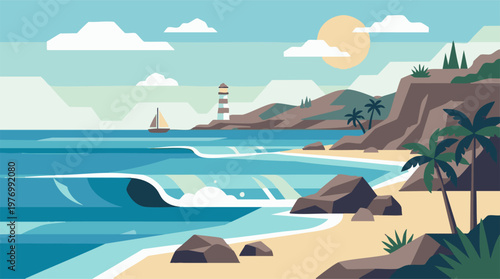 Flat design tropical beach landscape with ocean waves, lighthouse, and sailboat