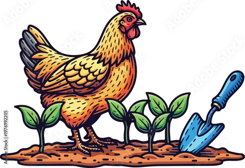 A rooster standing beside young plants and a trowel in a garden bed vector illustration