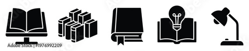 Essential monochrome icons representing education and learning, featuring various book designs, an idea lightbulb, and a desk lamp, perfect for academic applications and informational