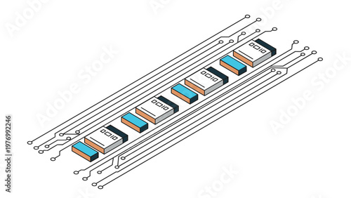 Isometric view of a complex electronic circuit board with multiple microchips, sensors, and connecting traces.
