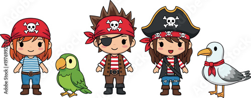 Cute Pirate Kids Cartoon Character Set with Boy Girl Parrot and Seagull in Fun Adventure Theme for Children Illustration Design