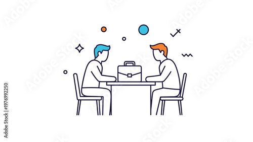 Minimalist outline illustration of two businessmen sitting at a table for a meeting or a professional job interview.