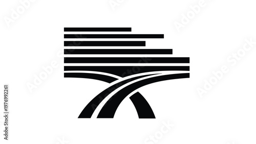 Abstract black and white graphic symbol featuring multiple horizontal lines and two curved roads crossing each other.