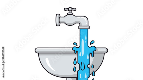 Colorful illustration of a silver bathroom faucet with a strong stream of blue water overflowing from a white sink.