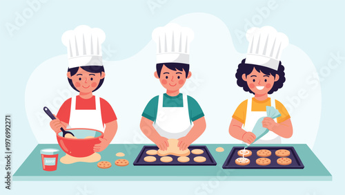 Three happy young chefs in white hats and aprons baking and decorating fresh cookies in a bright kitchen setting.