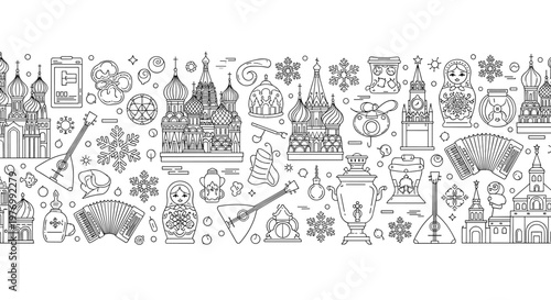 Russian traditional cultural symbols and landmarks like the Kremlin and matryoshka dolls are featured in this horizontal line art border.