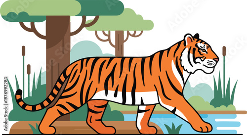 A tiger walking through a serene grassland habitat near a tree and water source vector illustration