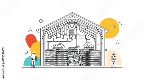 Large industrial warehouse for drying timber logs using a complex ventilation system with workers monitoring the process.