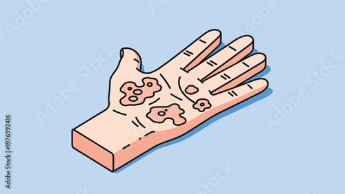 Isometric illustration of a human hand showing various red patches and lesions indicative of a dermatological condition.