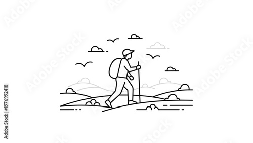 Line art illustration of a hiker with a backpack and trekking pole walking through a hilly landscape under clouds.