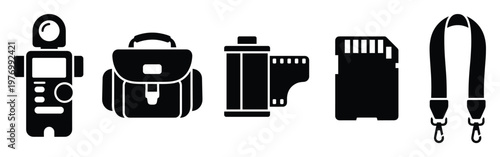 Essential photography equipment icons featuring a light meter, camera bag, film roll, memory card, and camera strap for various creative visual projects
