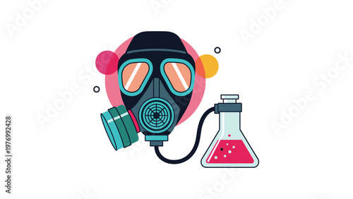 Protective gas mask connected to a laboratory flask containing a chemical substance highlighting safety in hazardous environments.