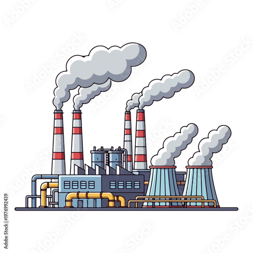 Flat 2D vector illustration of a large industrial factory complex with tall smokestacks, cooling towers emitting smoke, and intricate piping systems on a white background.