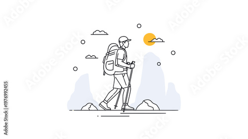 Line art illustration of a person with a large backpack and trekking poles hiking through a rugged mountain landscape.