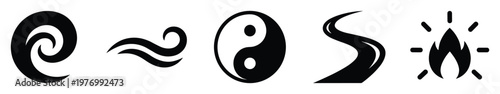 Black abstract vector icons representing fundamental natural elements and spiritual balance suitable for modern graphic design projects and conceptual marketing visuals
