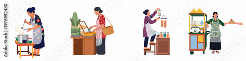 Set of Southeast Asian Women Street Food Vendors and Traditional Market Sellers Preparing and Selling Local Delicacies and Snacks
