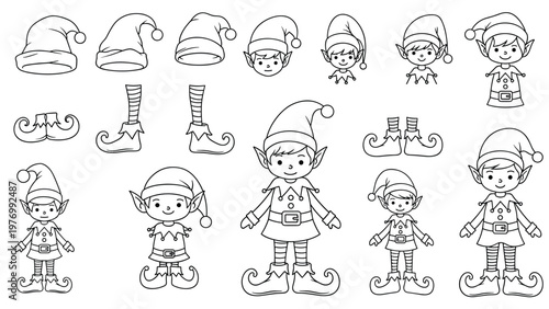 Collection of various Christmas elf characters and holiday accessories including hats and boots for creative coloring.