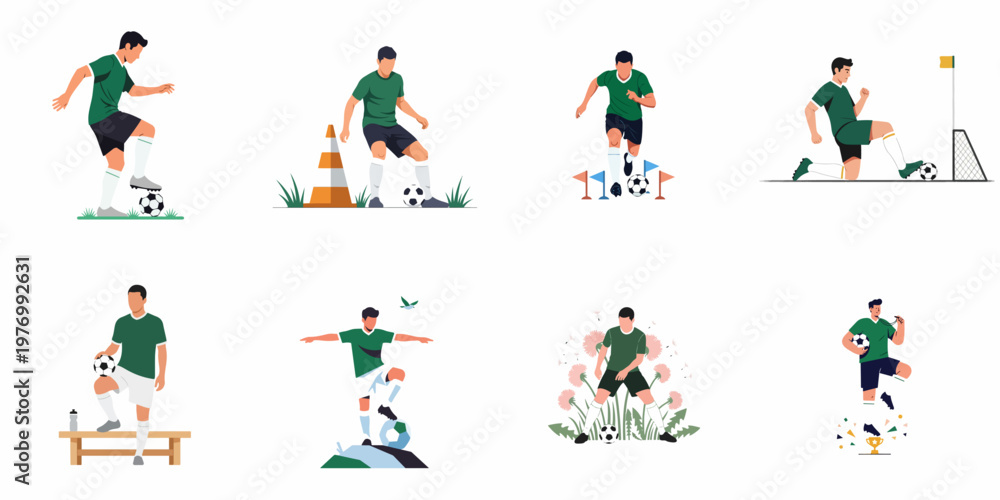 Fototapeta premium Vector Illustration Set of a Male Soccer Player Practicing Drills, Dribbling, and Celebrating a Victory in a Green and Black Uniform