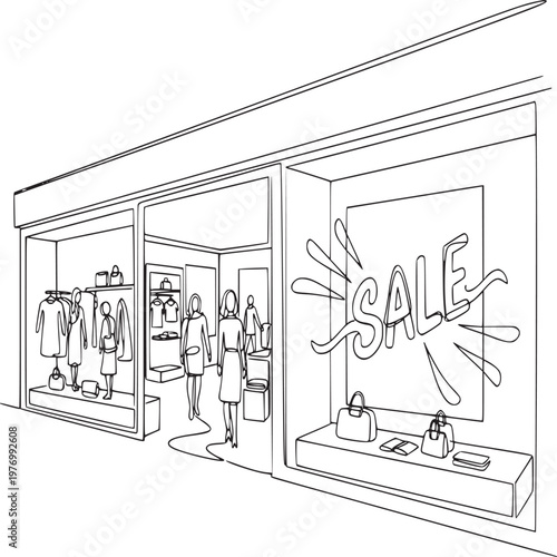 Line art illustration of retail store sale event with shoppers and discount signage