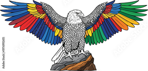 Vibrant wings eagle perched on a rocky surface with spread wings vector illustration