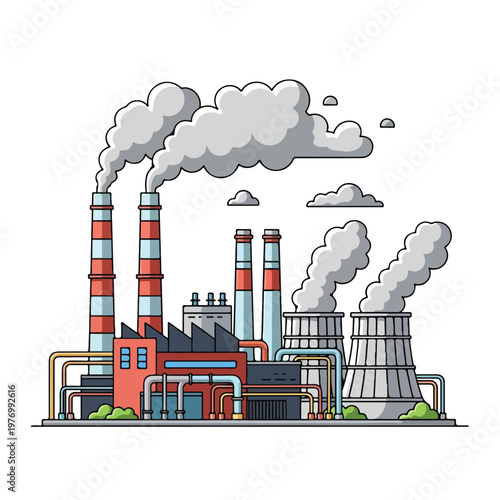 Detailed flat 2D vector illustration of a large industrial power plant complex featuring striped smokestacks emitting smoke, cooling towers, and colorful pipework on white background.