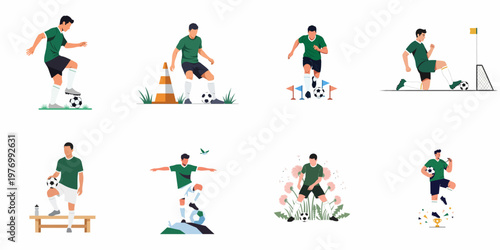 Vector Illustration Set of a Male Soccer Player Practicing Drills, Dribbling, and Celebrating a Victory in a Green and Black Uniform