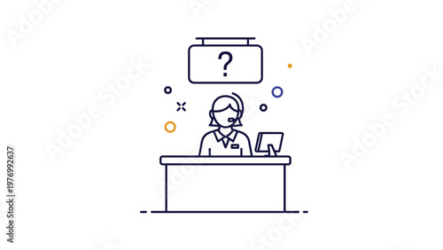 Line art illustration of a customer service representative with a headset sitting at a desk under a question mark sign.