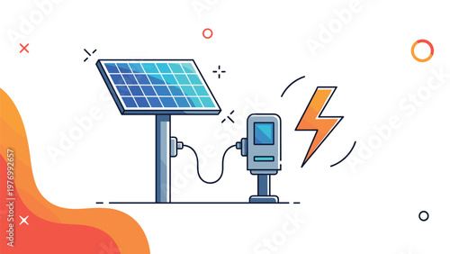 Renewable energy charging station powered by a solar panel with a lightning bolt symbol for clean electricity generation.