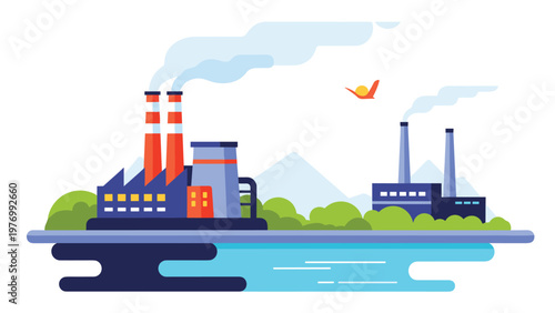 Panoramic view of an industrial landscape featuring several factories with smoking chimneys near a body of water.