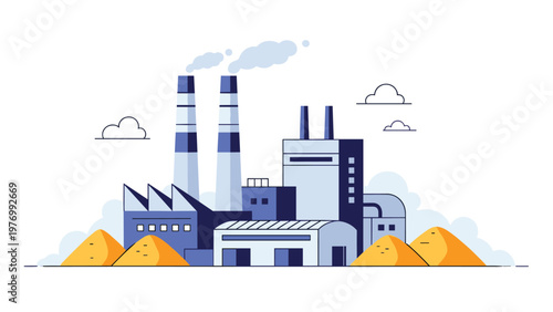 Extensive industrial plant complex with tall smokestacks and large piles of raw material under a cloudy sky.