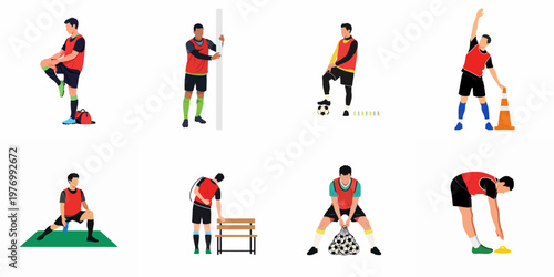 Flat vector illustration set of soccer players in various training poses, stretching, and handling equipment on a white background.