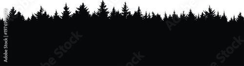 Wide pine forest silhouette border against white sky creating minimalist wilderness landscape background ideal for banners, headers, and stock design