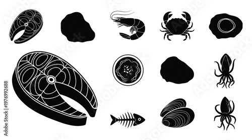 A versatile collection of seafood and culinary items including fish steaks, shrimp, crab, mussels, squid, and a fried egg, perfect for restaurant branding and menu design.
