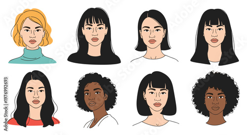 Portraits of eight diverse women with different hairstyles and skin tones are arranged in two rows to celebrate multicultural beauty.